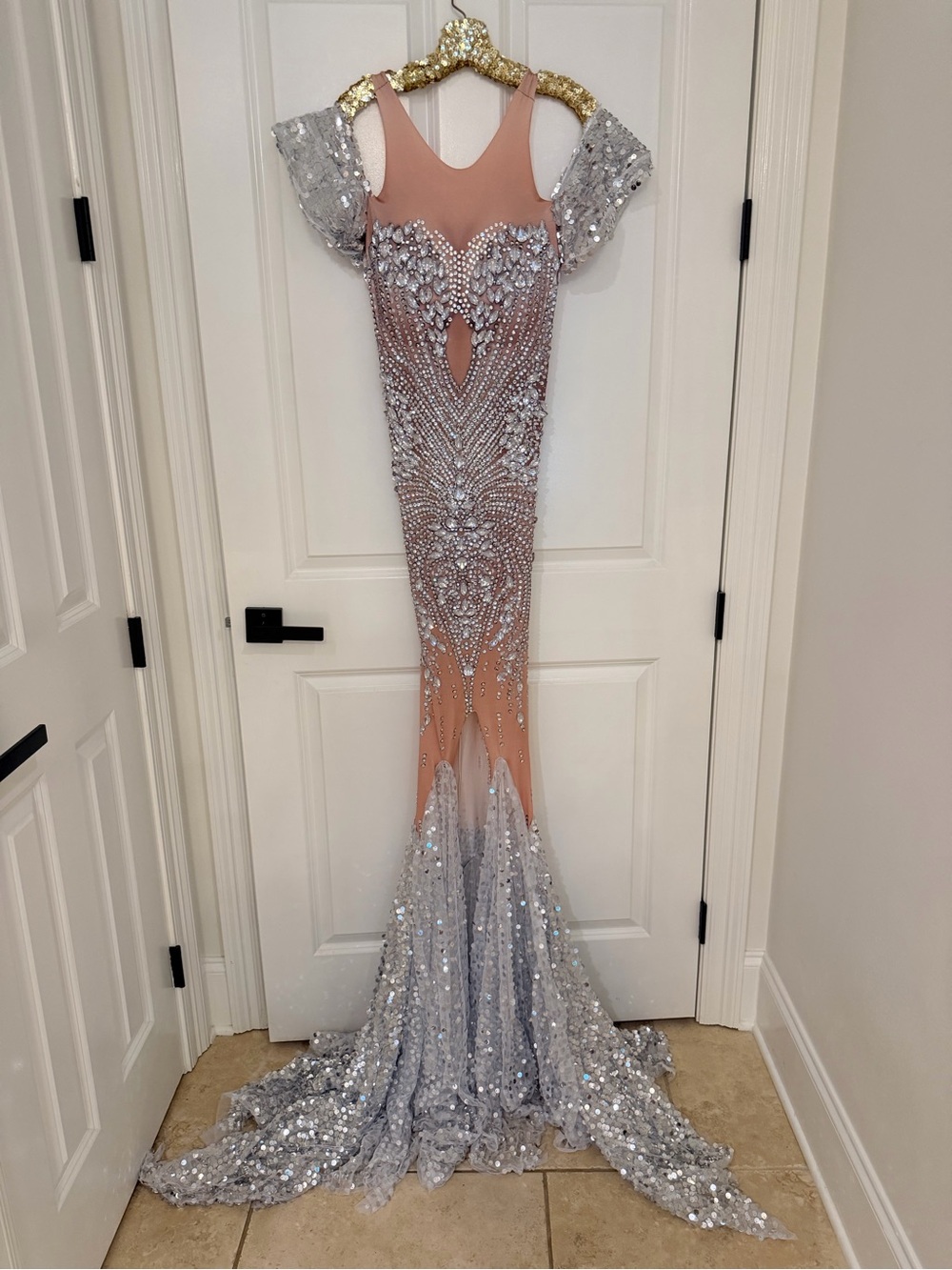 Nude & Silver Sequin Mermaid Prom Dress with Crystal Embellishment